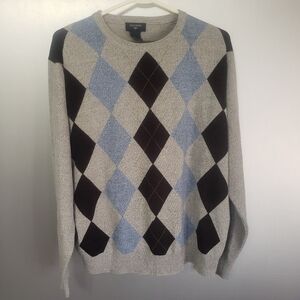 MENS DOCKERS GRAY ARGYLE SWEATER SIZE LARGE. 100% ACRYLIC. GRAY WITH BLACK/BLUE.